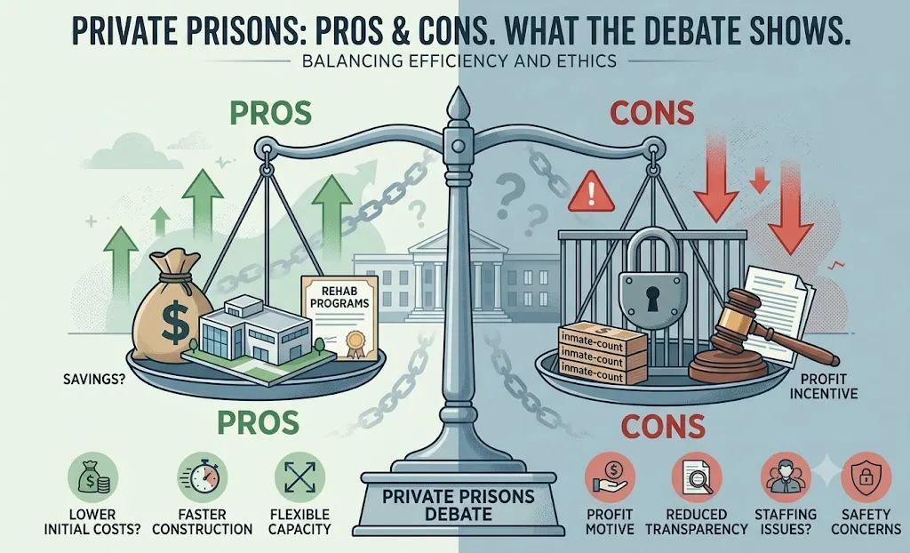 Private prisons pros and cons illustration for World Justice Day